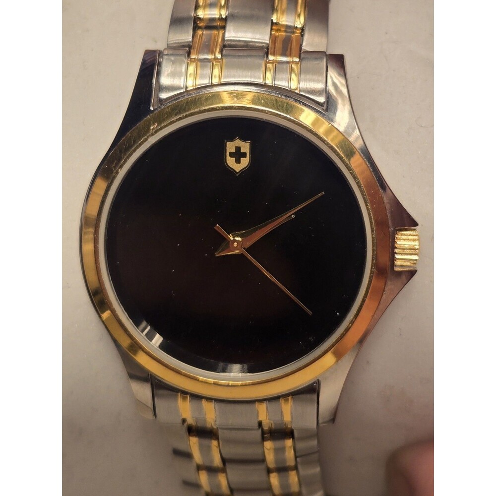 Swiss Charter Men's 34.5mm Black Dial Two-Tone Stainless Steel Watch. New Batt.